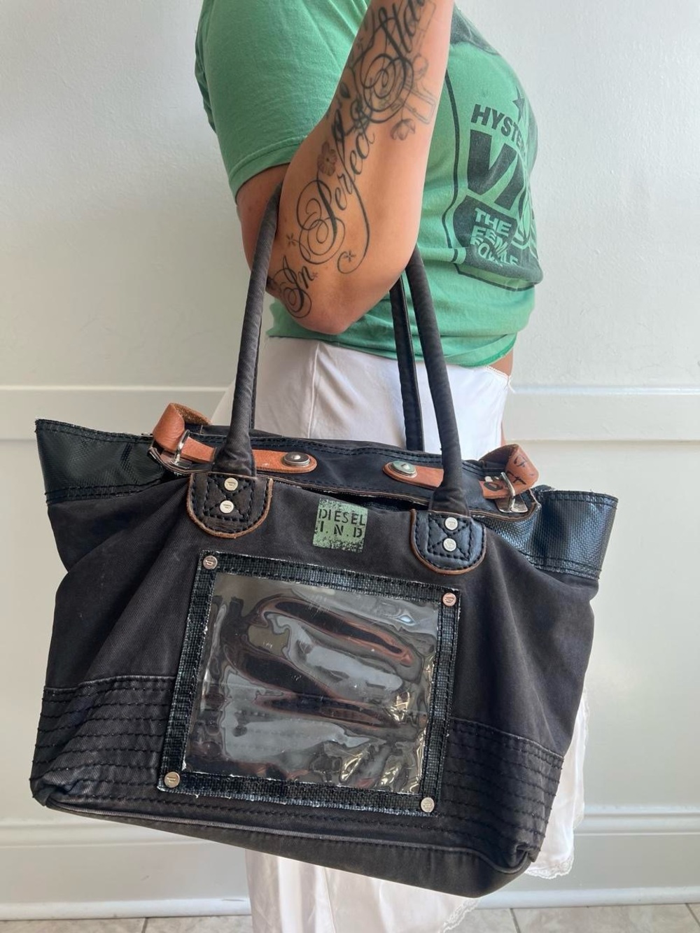 Diesel Black Canvas & Leather Tote Bag